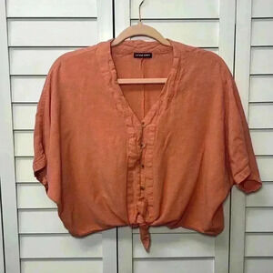 Style Envy Short Sleeve V-Neck Linen Blend Cropped Button Down Top Size XL Coral